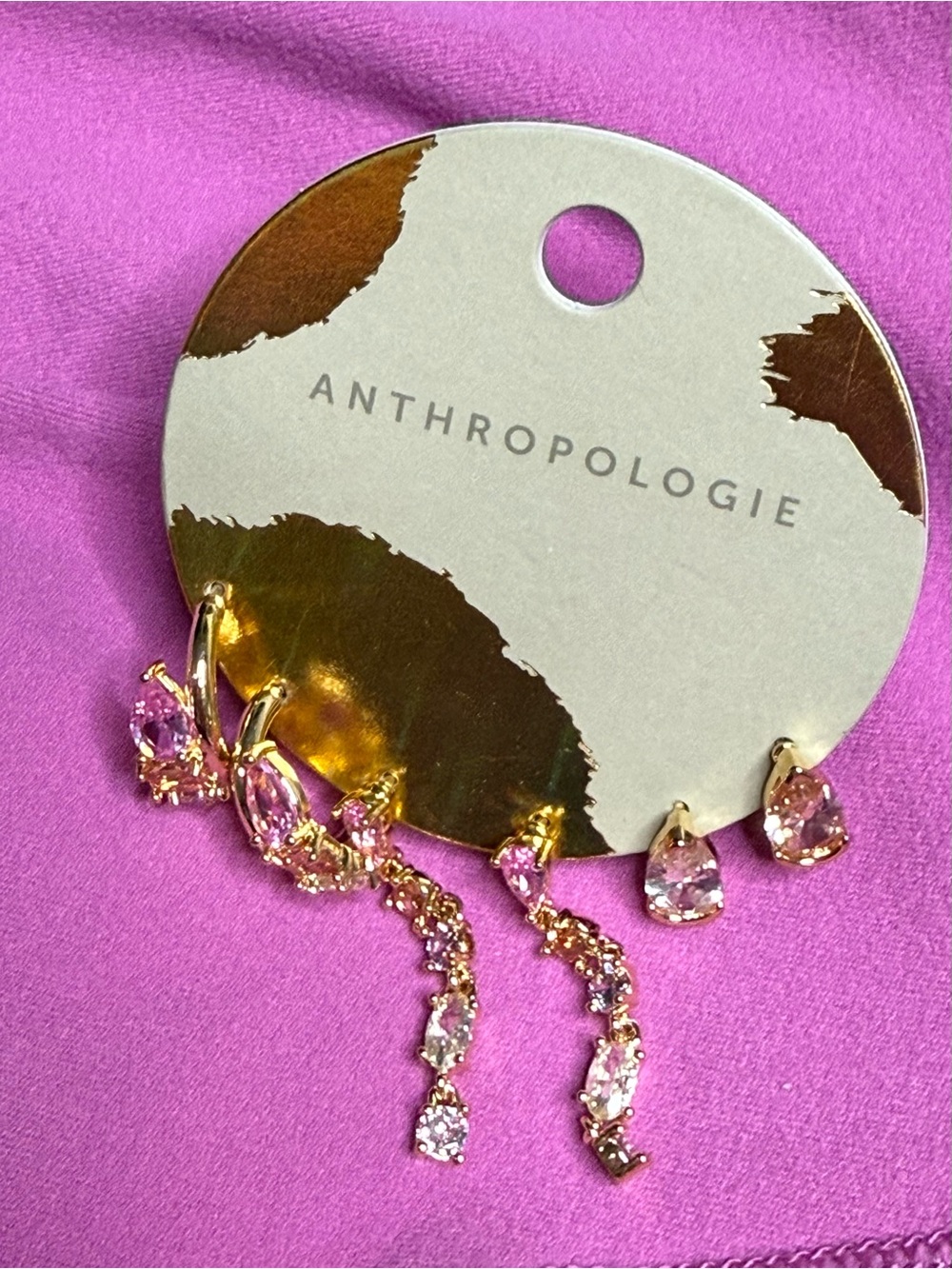 Anthropologie Mixed Stone Hoop and Huggie Earrings, Set of 3, Pink